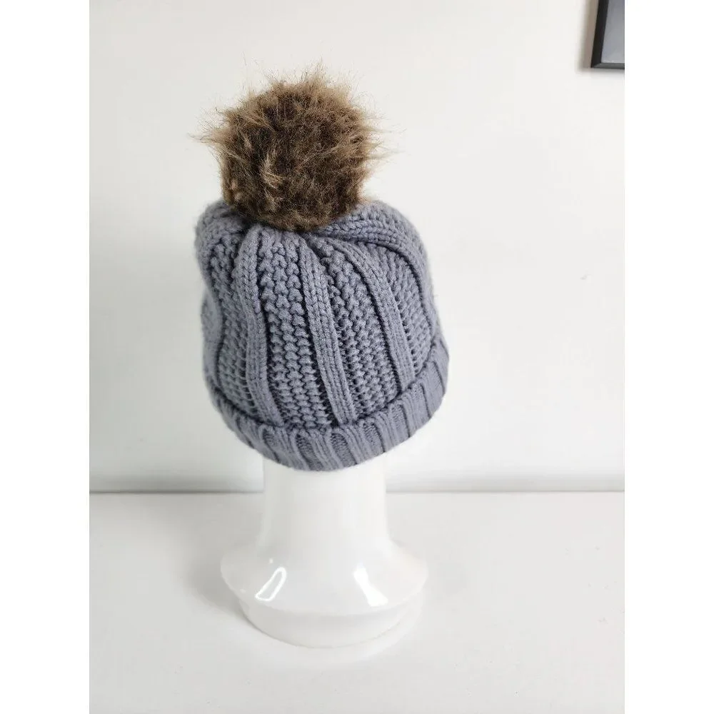 Pom Style Winter Hat, Grey,  Adult One Size